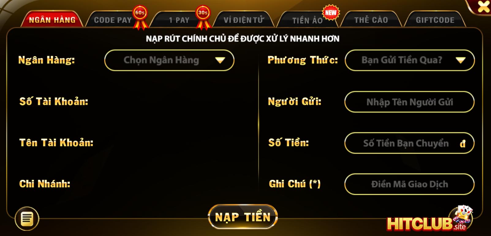 Nạp tiền Hit Club bằng tài khoản ngân hàng