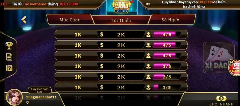 Các bước tham gia một ván cược Xì dách Hit Club